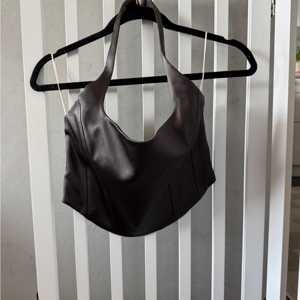 Wilfred Faux Leather Halter Crop Top in Dark Brown